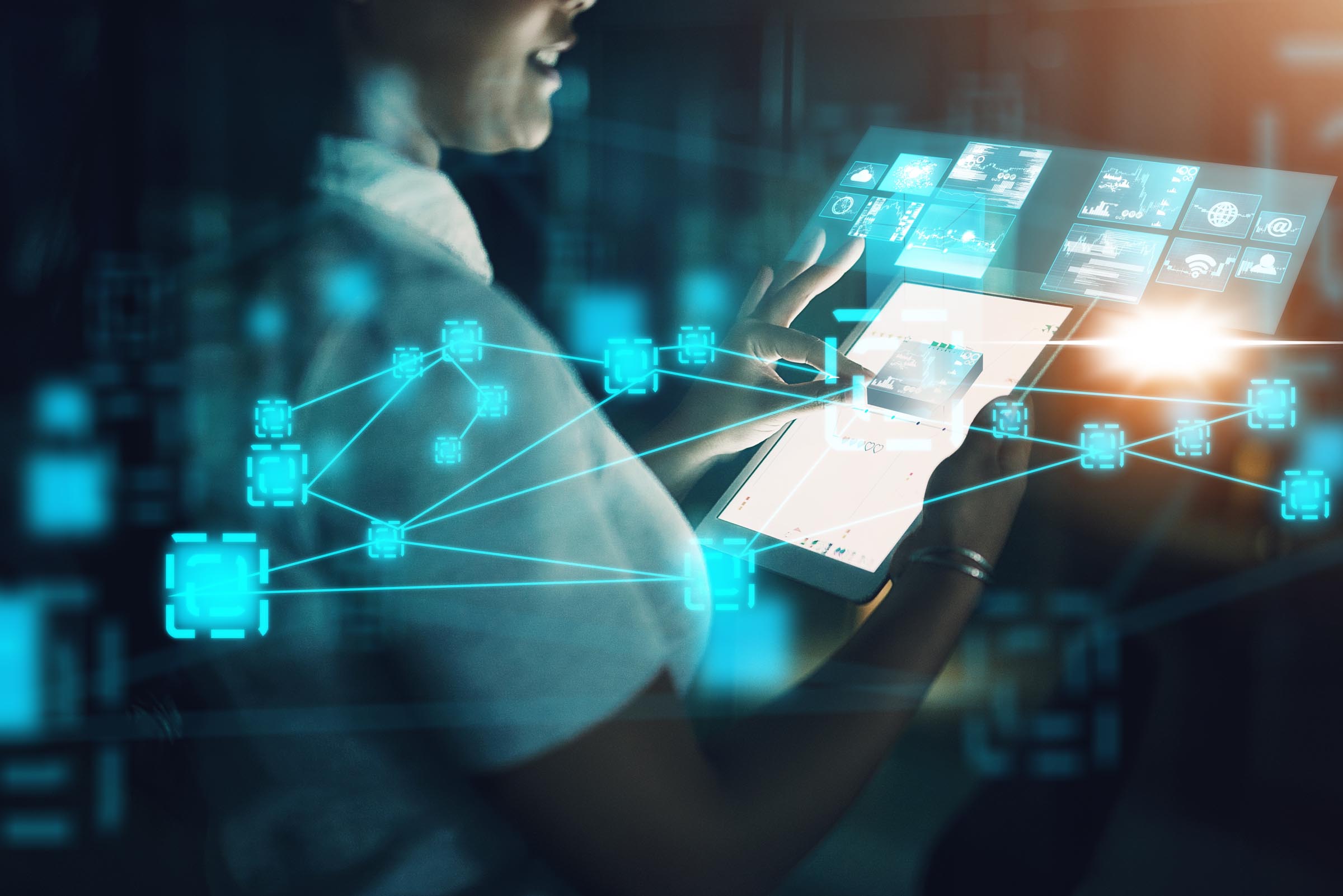 Woman, AI and digital tablet at night working with big data, UI and technology for UX at the office. Businesswoman on touchscreen in IoT, communication and futuristic hologram nodes in the dark